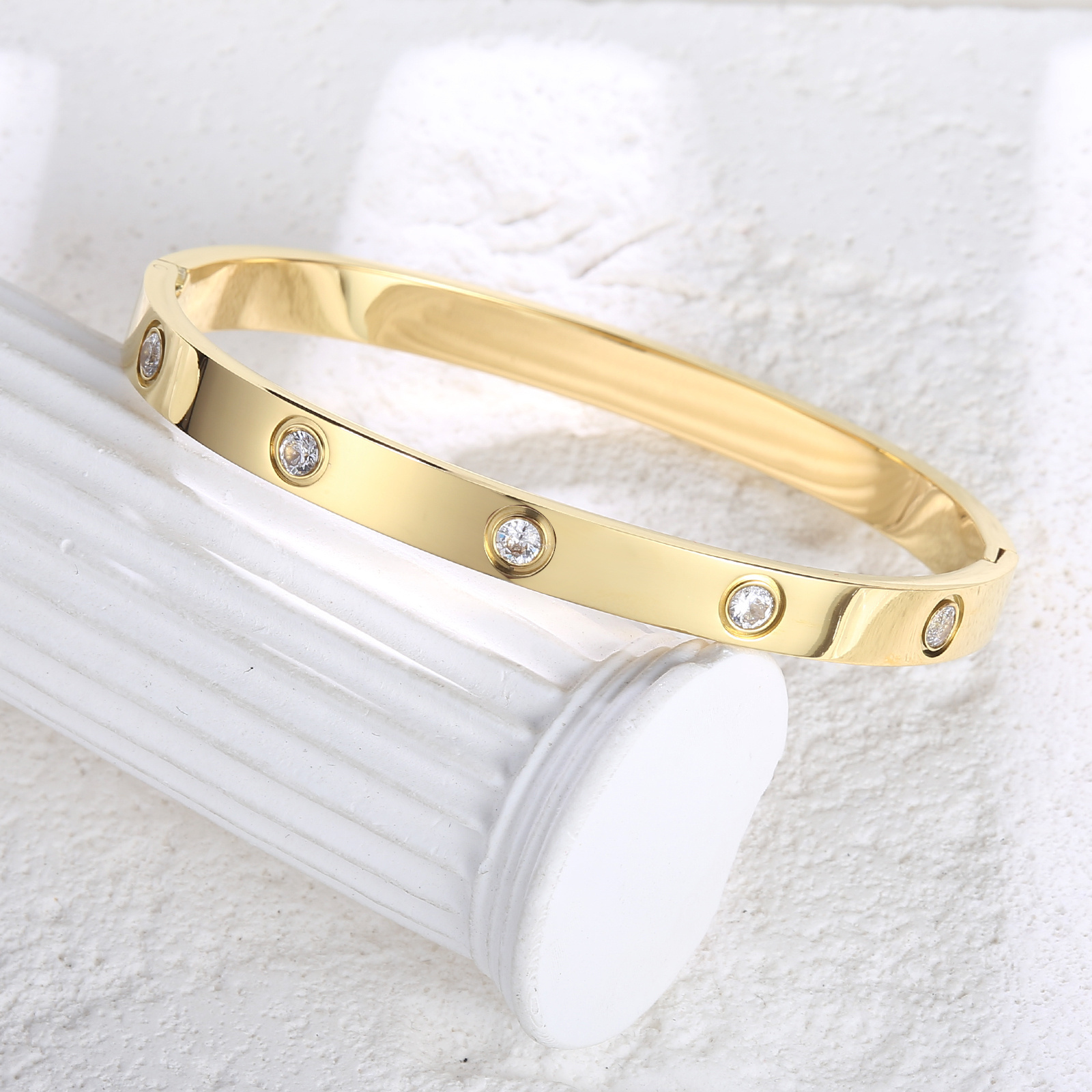 Gold Plated Stainless Steel Bangle Minimalist Cuff Love Charm Bracelets with Cubic Zirconia Stones for Women Teen Girls