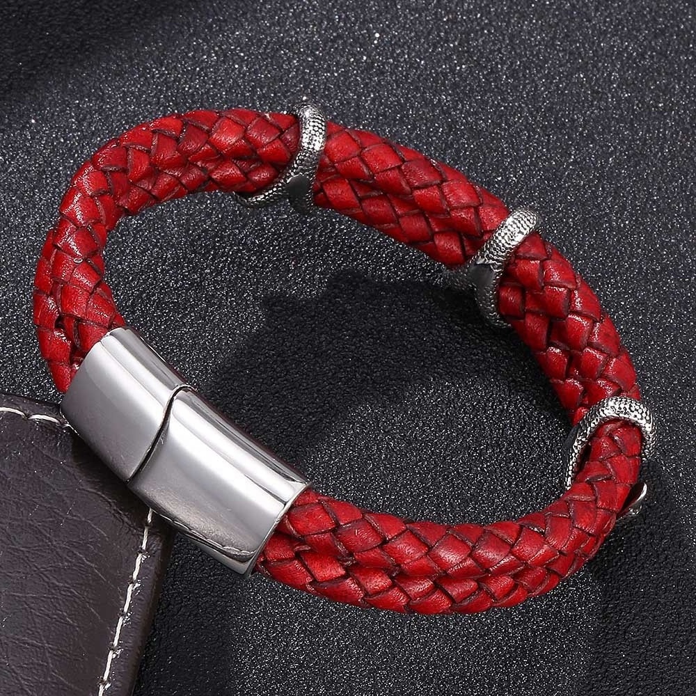 Stylish Jewelry  Magnetic button stainless steel Eagle claw charm red Genuine  man leather bracelet