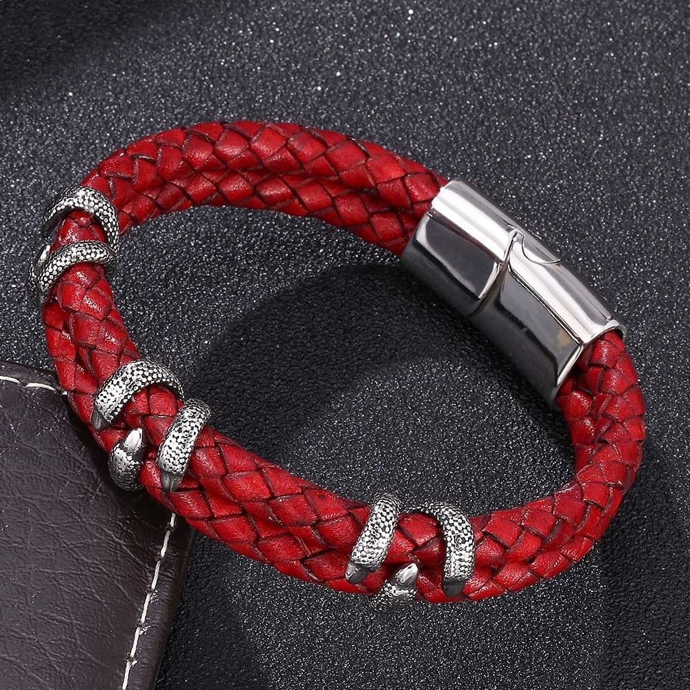 Stylish Jewelry  Magnetic button stainless steel Eagle claw charm red Genuine  man leather bracelet