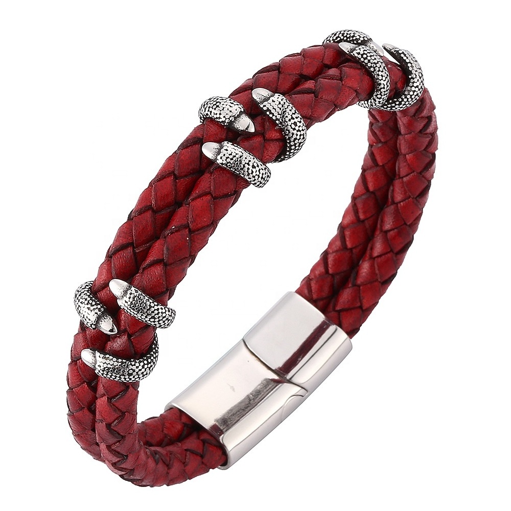 Stylish Jewelry  Magnetic button stainless steel Eagle claw charm red Genuine  man leather bracelet