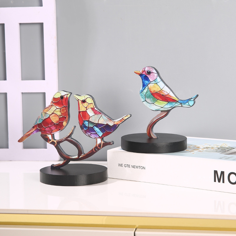 Small Painted Wood Bird Ornament Decorative Art for Home Tabletop Porch TV Cabinet or Bookcase Wall Signs Decoration