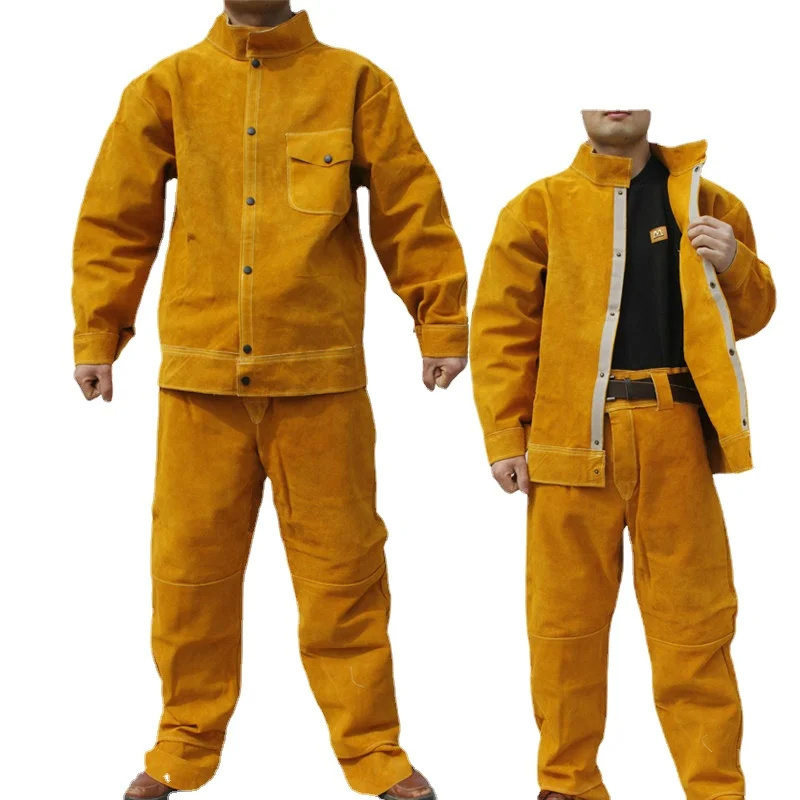 Real Cow Leather Mens Heat-proof Electric Welding Workwear Workshop Uniforms Electrician Coveralls Coat Pants Protective Suit