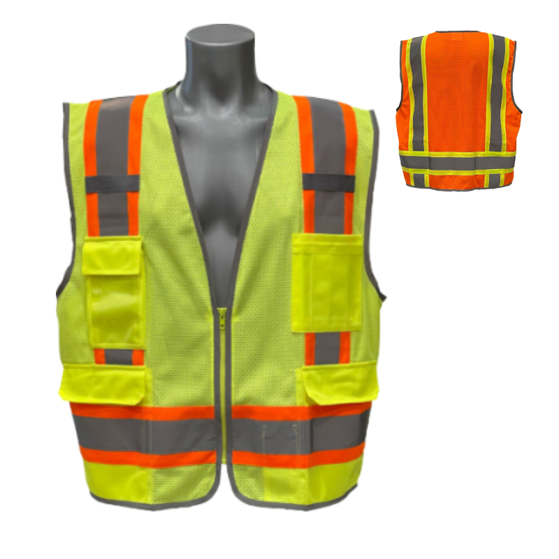 Class 2 Front Pockets Silver Orange Reflective Tape Heavy Woven Two Tone Engineer Safety Vest