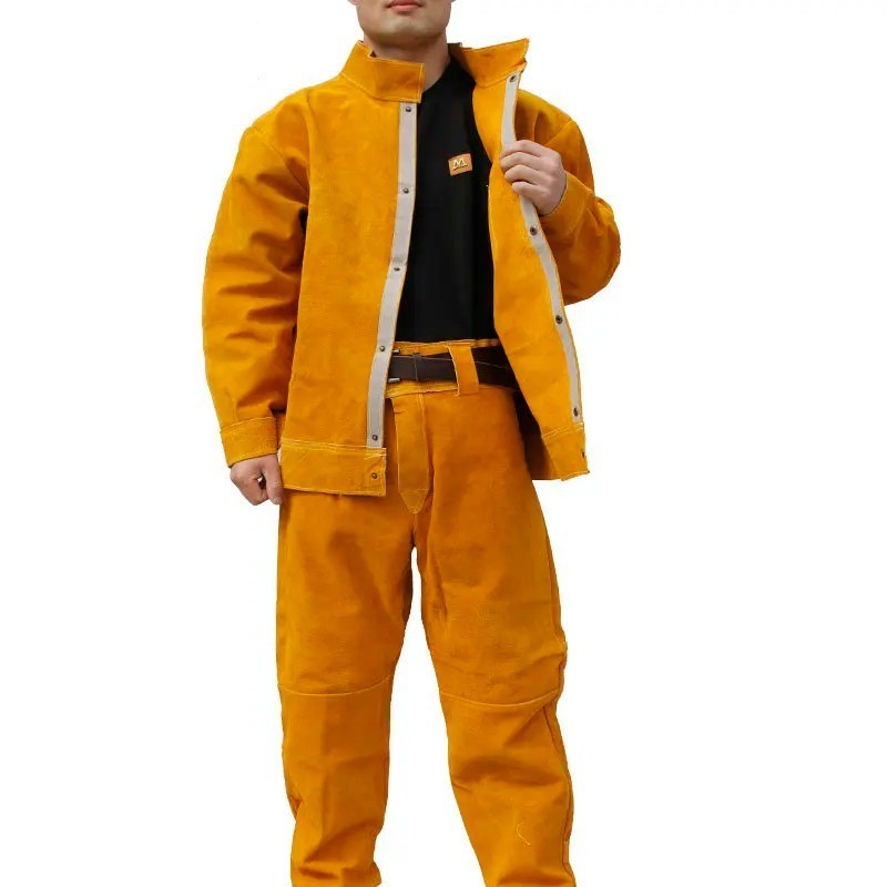 Real Cow Leather Mens Heat-proof Electric Welding Workwear Workshop Uniforms Electrician Coveralls Coat Pants Protective Suit