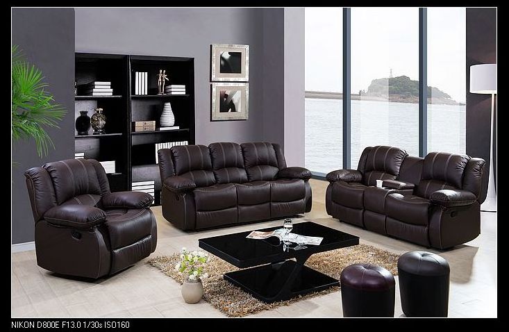 2023 Living room genuine brown leather collection reclining sofa with Drop Down Table