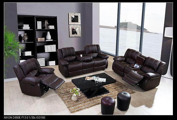 2023 Living room genuine brown leather collection reclining sofa with Drop Down Table