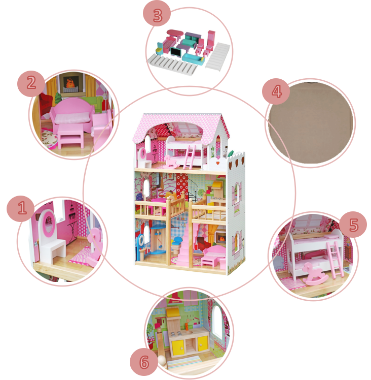 Three floors pink color wooden children big doll house play toy