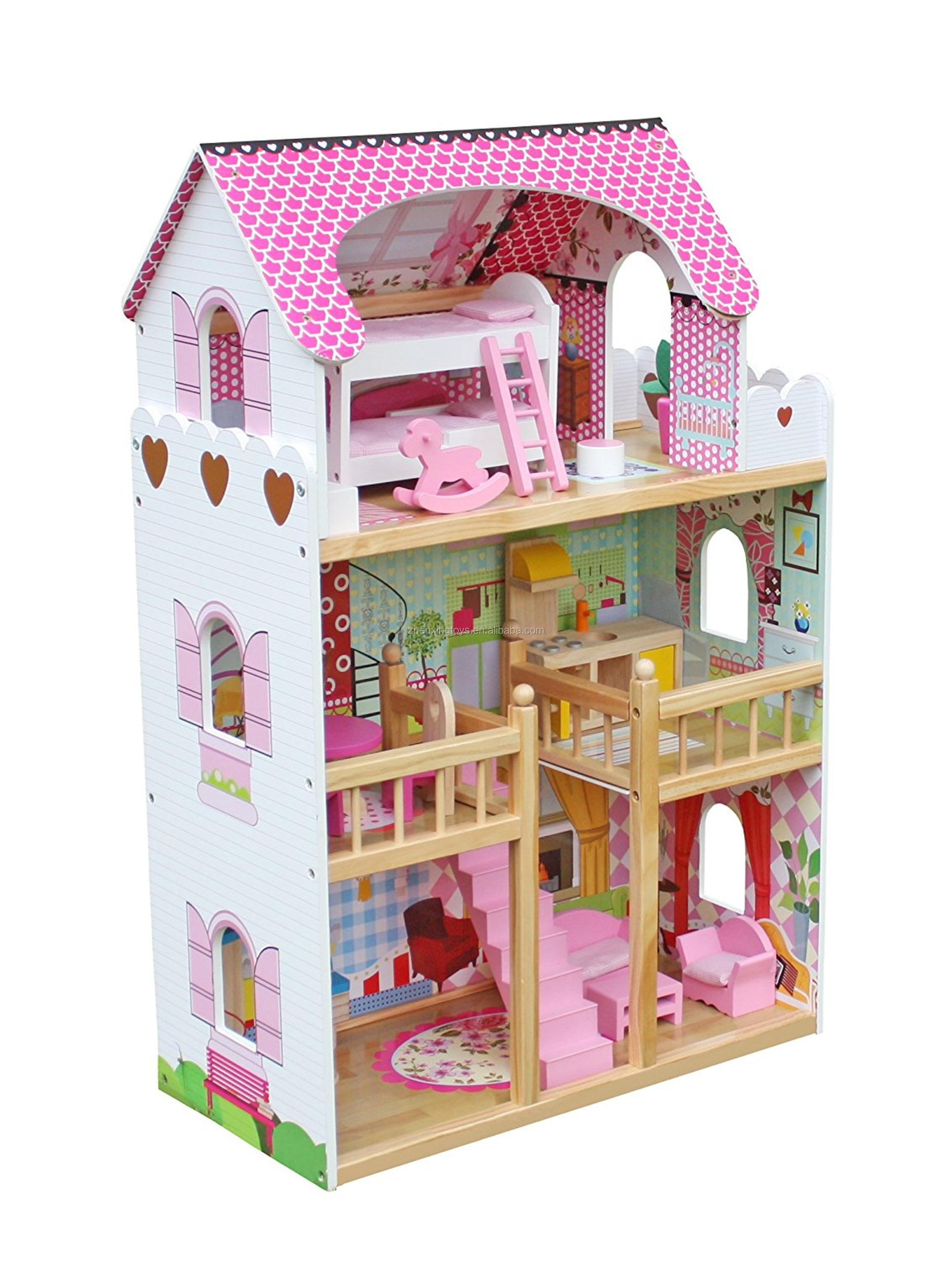 Three floors pink color wooden children big doll house play toy