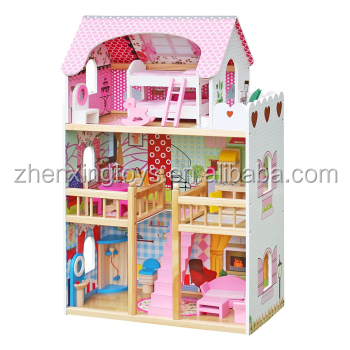 Three floors pink color wooden children big doll house play toy