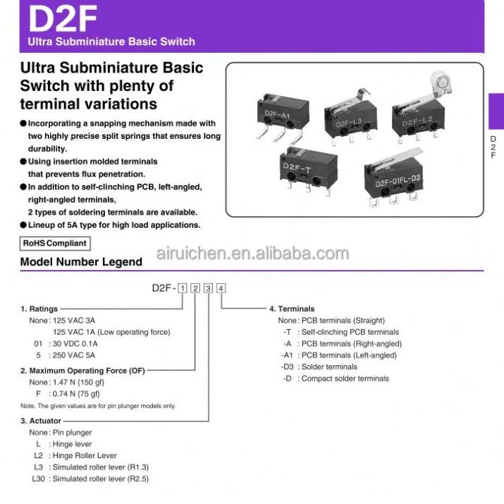 100% Original BASIC SWITCH D2F SNAP 3A 125VAC 30VDC Snap Switch D2F-L3-D for Omron