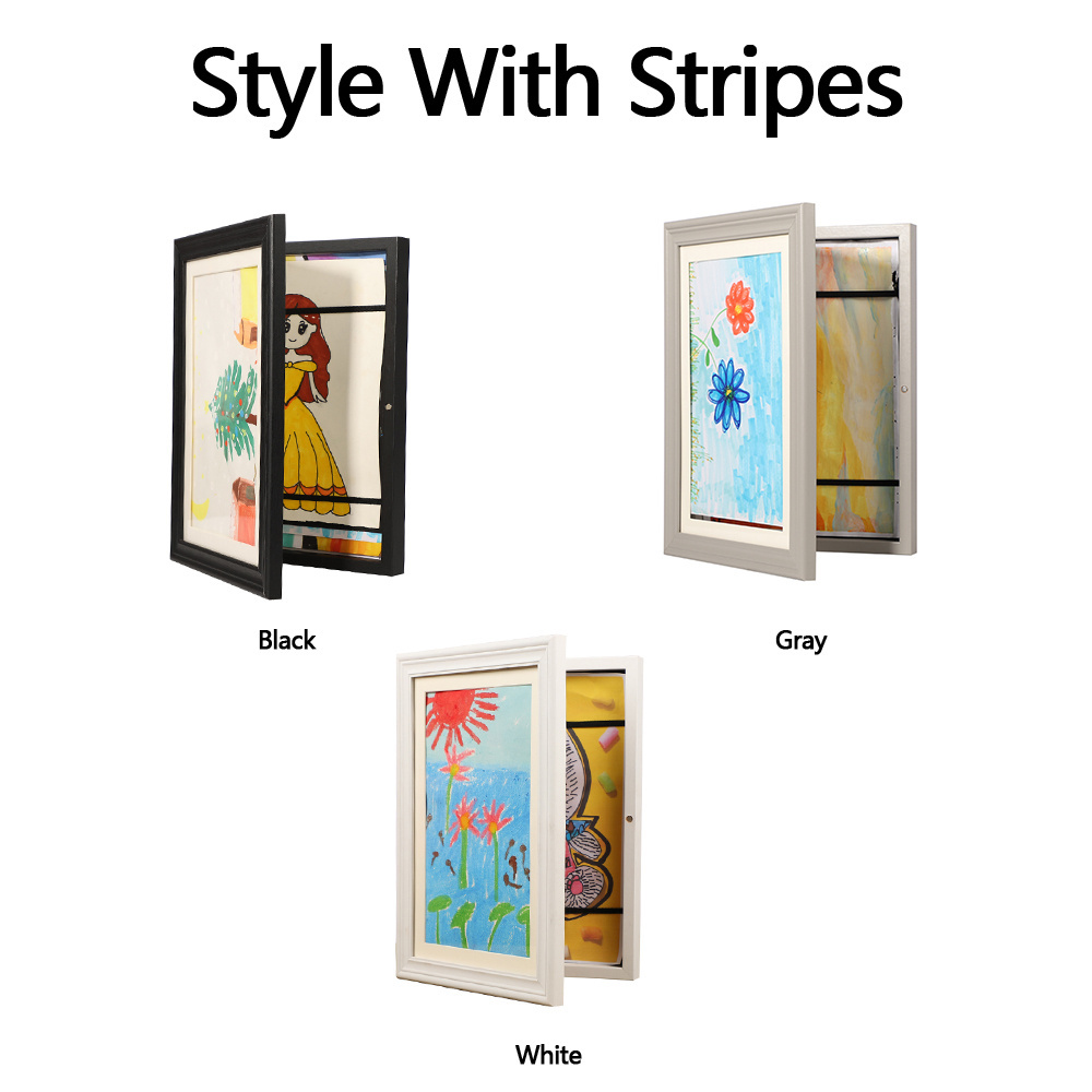 Front Opening Kids Art Frames for 50 A4 Picture Storage Wall Mount or Tabletop Kids Artwork Picture Frames with Stripe Style