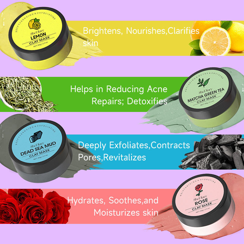 SheDiary Christmas Hot Sale Deep Cleansing Anti Acne Pink Green Black Yellow Lemon Dead Sea Mud Rose Matcha Green Tea Clay Mask