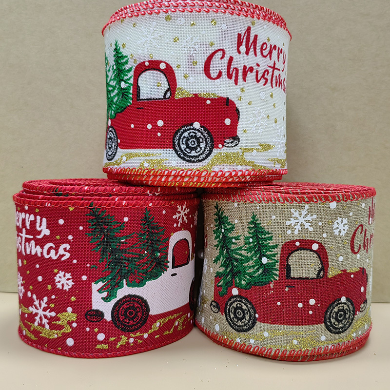 65 mm Burlap Fabric Wire Ribbon Printed Car Snow Linen Christmas Ribbons For Christmas Decoration