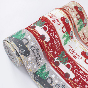 65 mm Burlap Fabric Wire Ribbon Printed Car Snow Linen Christmas Ribbons For Christmas Decoration