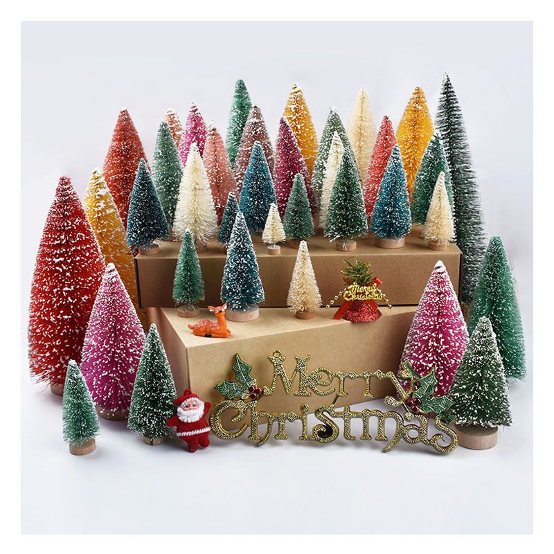 Bottle Brush Red Slim Wholesale Artificial Small White Pink mini Christmas trees with snow wooden base