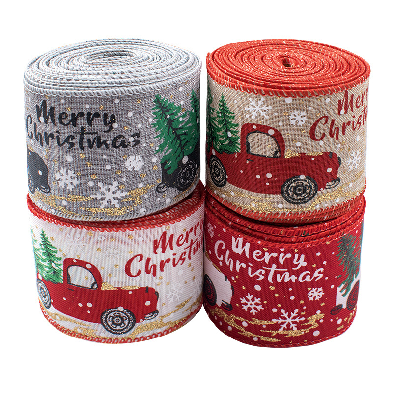 65 mm Burlap Fabric Wire Ribbon Printed Car Snow Linen Christmas Ribbons For Christmas Decoration