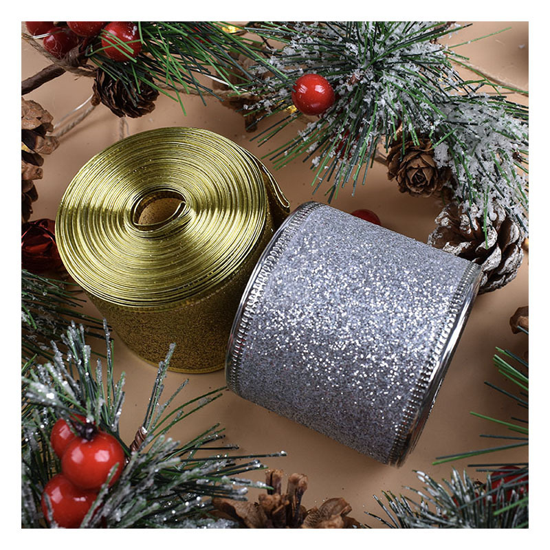 2 inch Sliver Grosgrain Ribbon Metallic Golden Satin Christmas Wired Ribbons Glitter for Christmas decorative