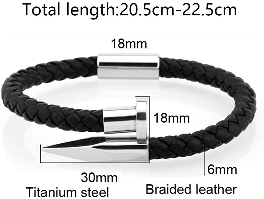 Braided Leather Nail Bracelet for Men Women Stainless Steel Charm Cuff Wristband Bangle Black Popper Jewelry