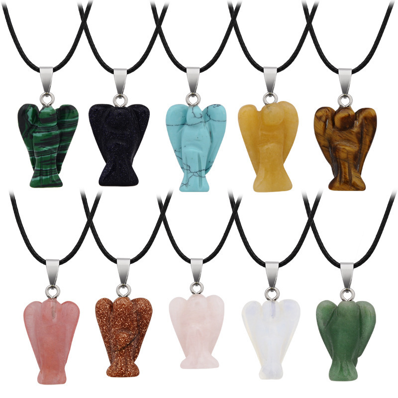 2024 Hot Sale Long Black Leather Rope Guardian Angel Shaped Gemstone Pendant Cherub Necklace