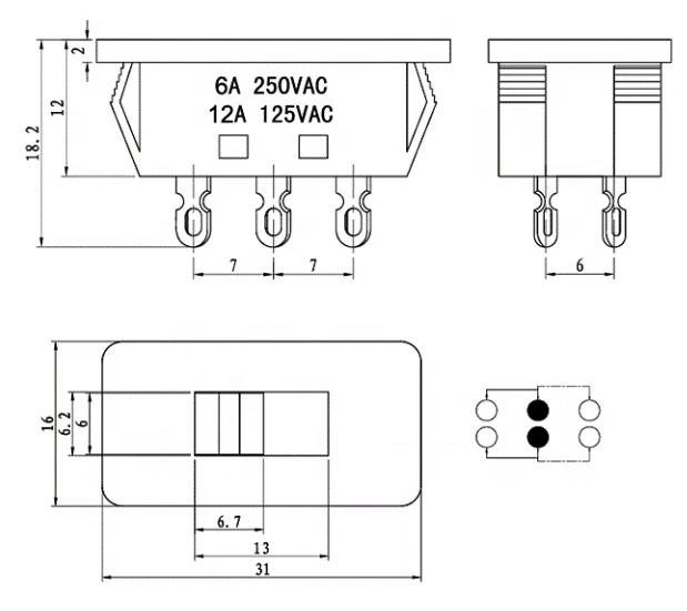 SS-22L01 selector switch with 12A 125 volt 6A 250VAC 2P2T 6 pins 220 - 110V slide switch