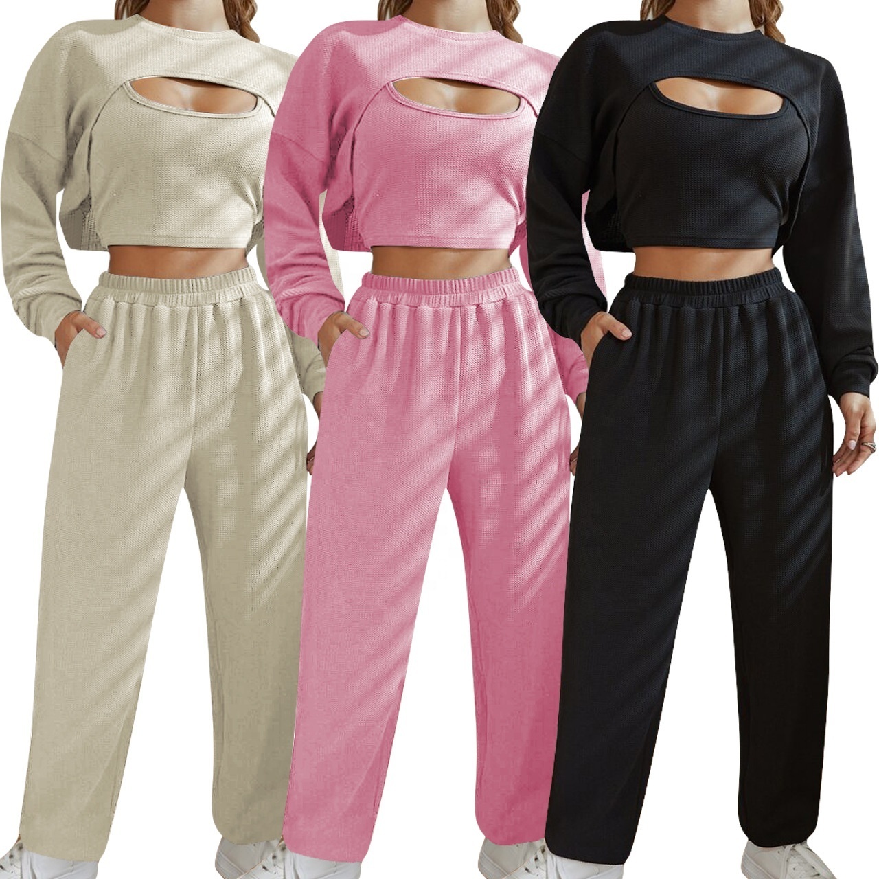 Top sell 3 piece jogging sets walf checks sport wear tracksuits fashion sexy sweat suit for women female ladies