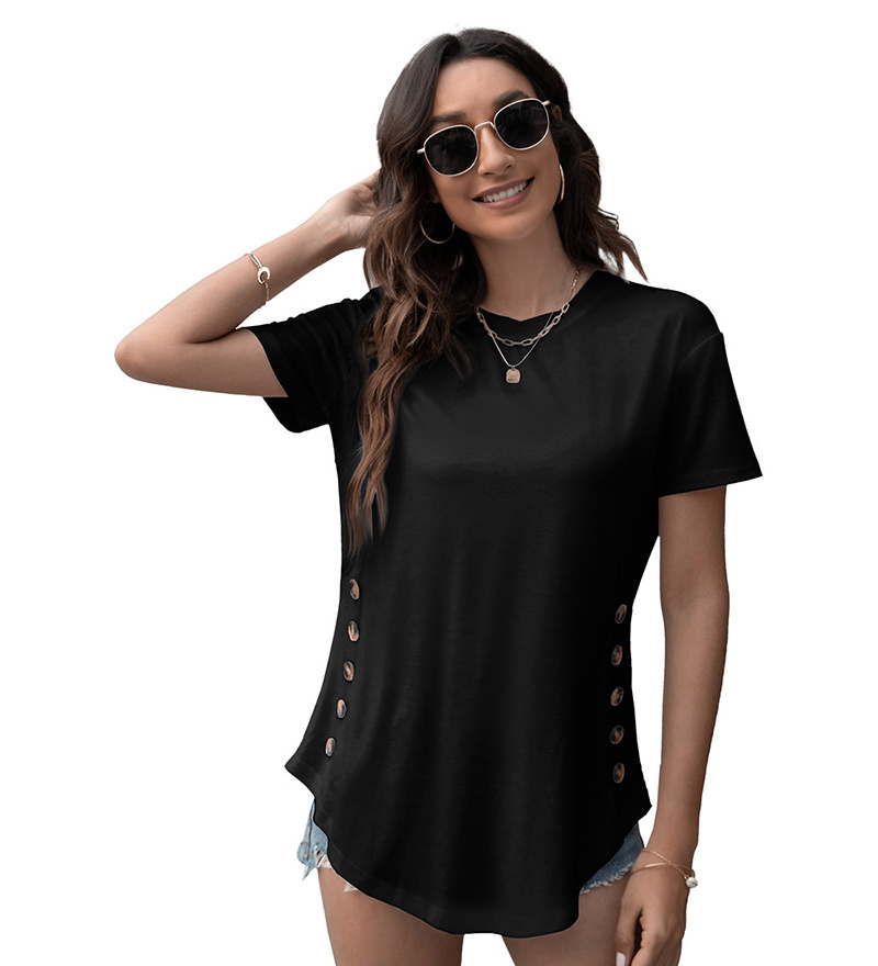 New Design Crew Neck Long line Round Bottom Casual T Shirt Women's Curved Hem Singer Jersey T-Shirt With Buttons