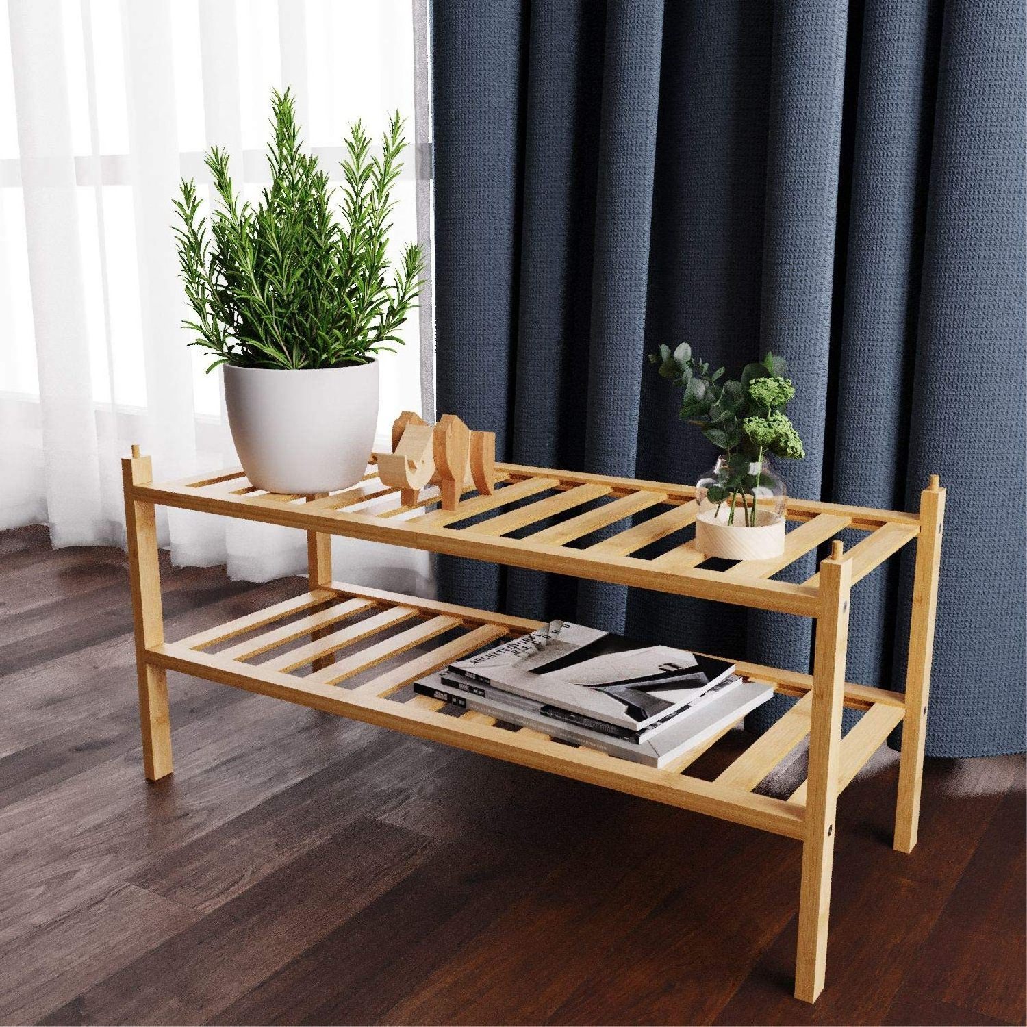 Factory Outlet standing shoe shelf rack shoe rack under the bed 2 tier foldable bamboo shoe rack