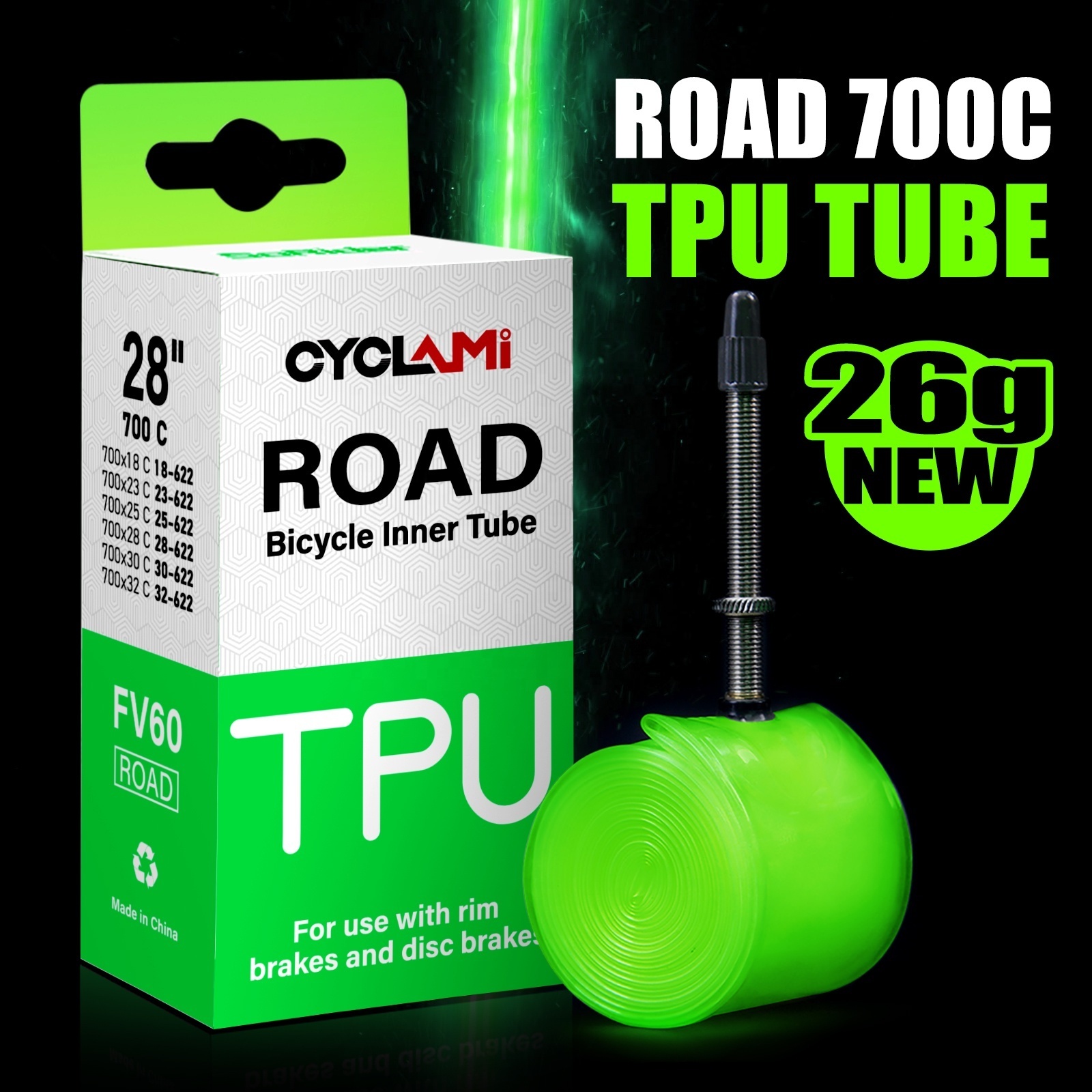 CYCLAMI 26g Ultralight Bike Inner Tube 700C 18-28C Road Bicycle TPU Tire 45/60/80mm Super Light Tube with Free Tire Repair Patch