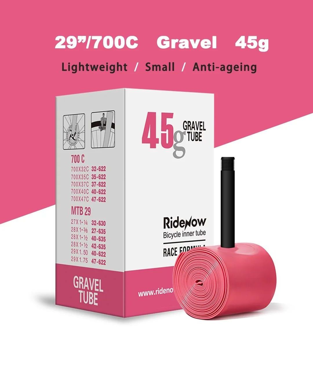 RideNow TPU Tube Road Bicycle Inner Tube 700/32C-47C MTB Tire 29/1/4-1.75 Gravel Bike Tubes Presta Schrader Valve 42/45/65mm