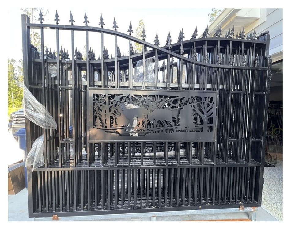 Driveway wrought iron gates deer 20' Texas style Bi-Dual Gates