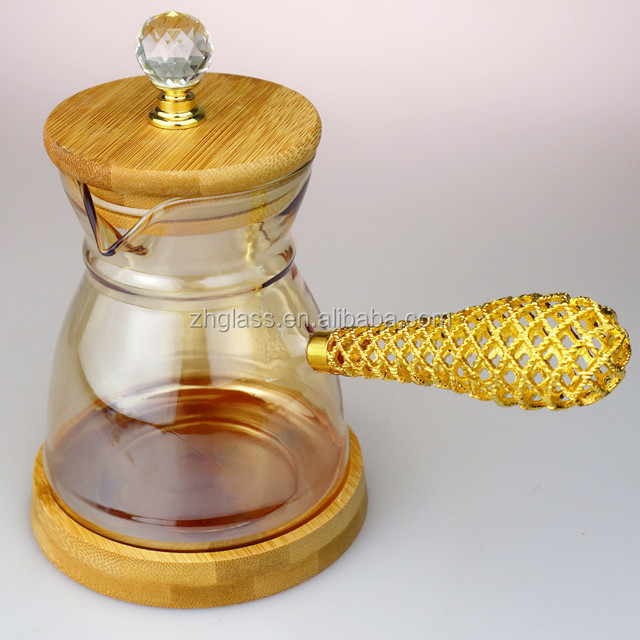 high borosilicate glass gold handle crystal bamboo cover bamboo plate gold coffee pot Cafetera