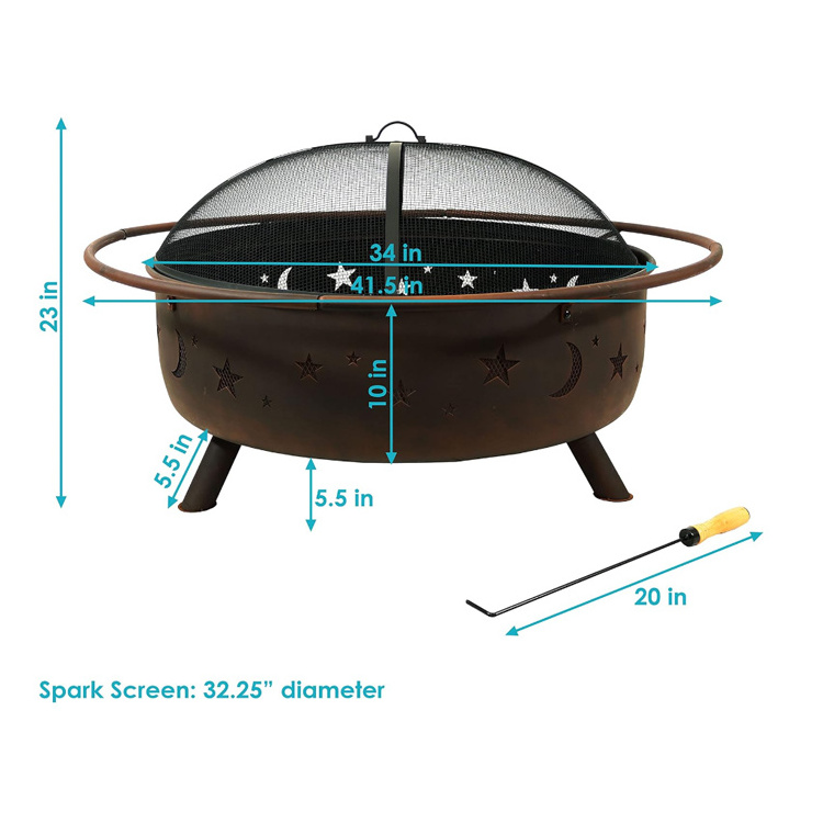 Sunnydaze Cosmic 42-Inch Wood-Burning Steel Fire Pit with Round Spark Screen, Poker, and Built-in Grate - Rust Patina