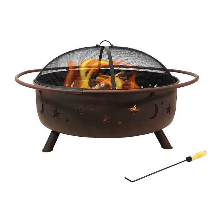 Sunnydaze Cosmic 42-Inch Wood-Burning Steel Fire Pit with Round Spark Screen, Poker, and Built-in Grate - Rust Patina