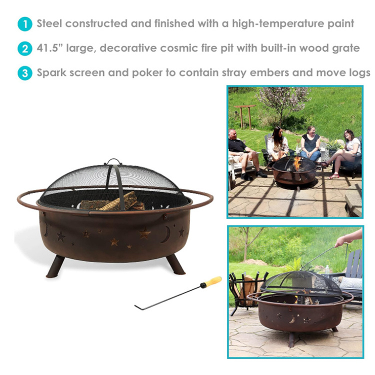 Sunnydaze Cosmic 42-Inch Wood-Burning Steel Fire Pit with Round Spark Screen, Poker, and Built-in Grate - Rust Patina