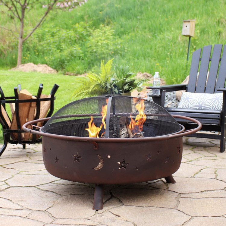 Sunnydaze Cosmic 42-Inch Wood-Burning Steel Fire Pit with Round Spark Screen, Poker, and Built-in Grate - Rust Patina