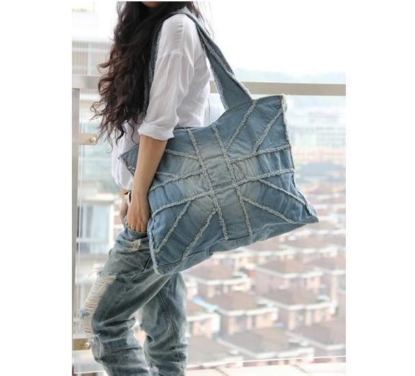 YIMYIK European And American Men's And Women's Denim Shoulder Bags Leisure Jean Travel Rice Shaped Large Fitness Bags Tote Bag