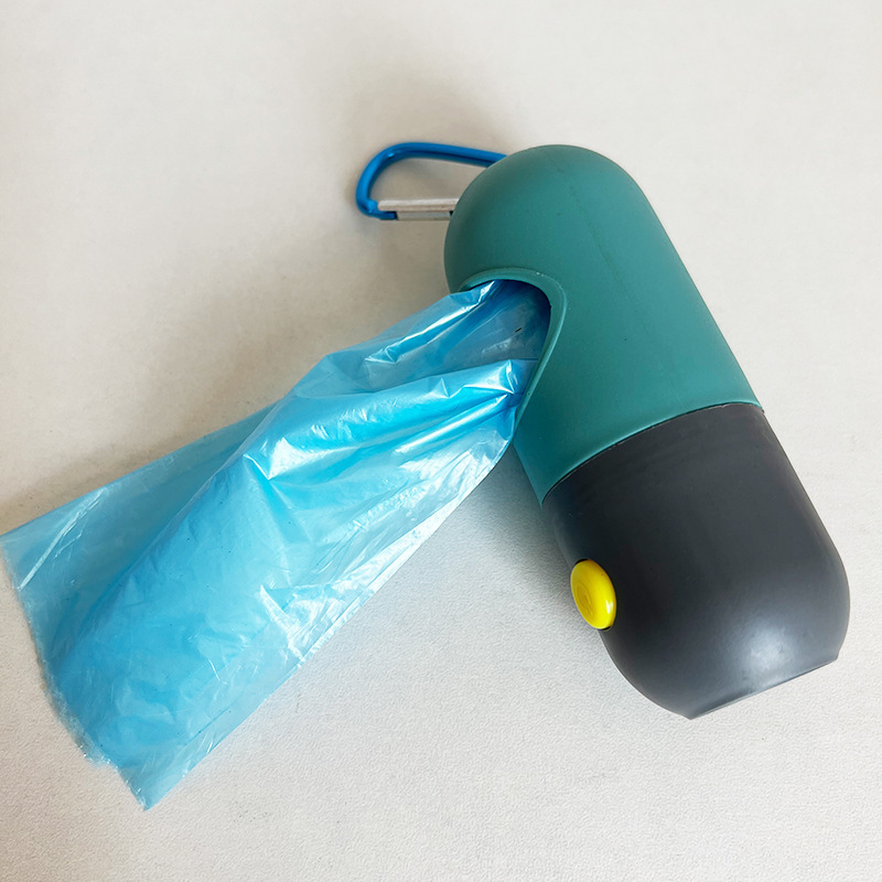 Dog Poop Bag Holder Hot Sale Capsule Shaped Rubber Pill Shape Pet Poo Trash Bag Dispenser with LED Flashlight