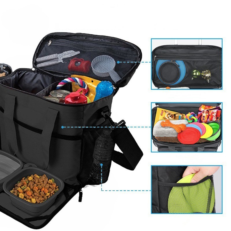 Dog Travel Kit Pet Travel Bag Organizer Accessories 2 Collapsible Bowls Food Container Dog Travel Food Toys Storage Bag