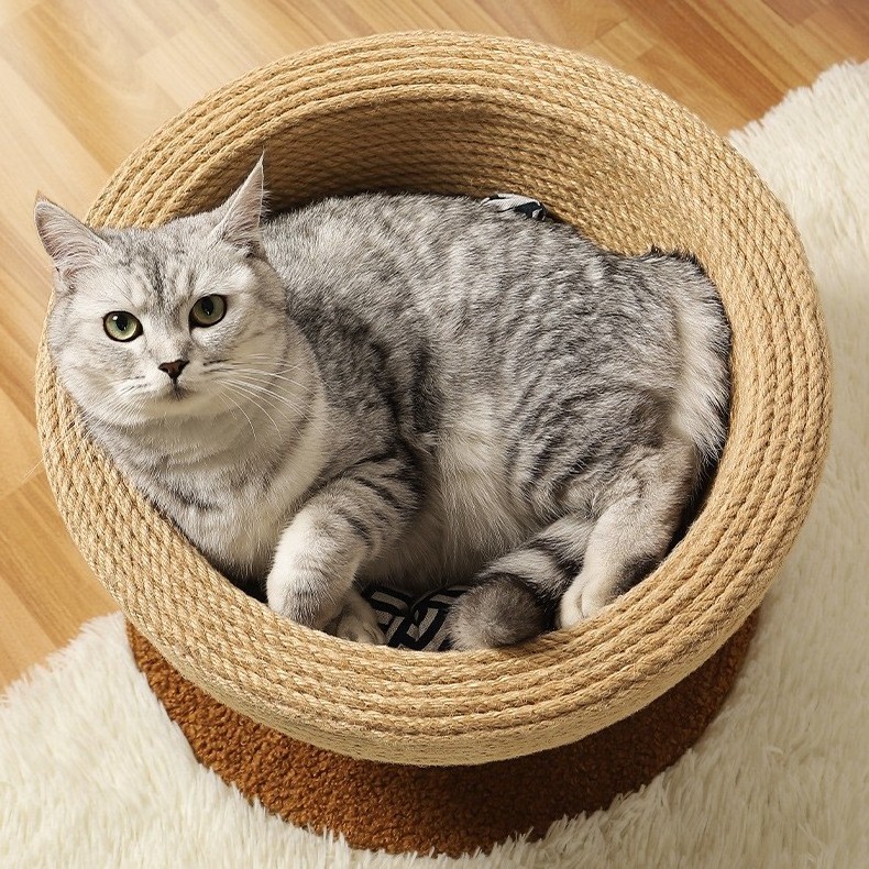 Natural sisal rope rounded bowl cat bed scratcher board kitten sleeping playing bed pet house nest cat accessories