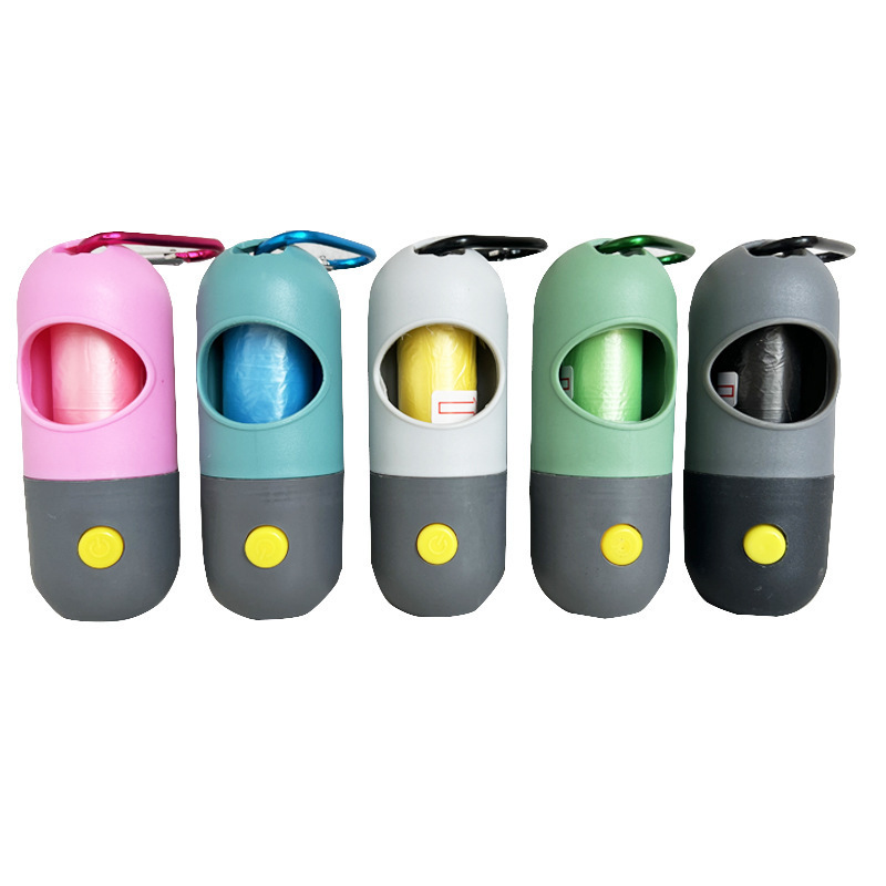 Dog Poop Bag Holder Hot Sale Capsule Shaped Rubber Pill Shape Pet Poo Trash Bag Dispenser with LED Flashlight