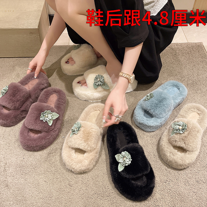 PDEP 2022 4.8cm thick platform sole 42 soft faux fur slippers cheap wholesale winter warm fuzzy bedroom slippers for women