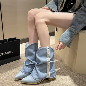 PDEP Tassel western Cowboy boot for women 2023 new pointy toe block thick heel large sleeve short  denim boots women shoes