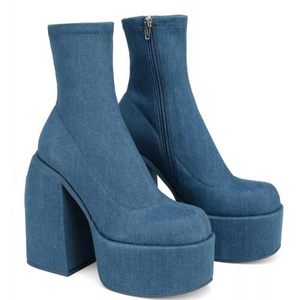 PDEP platform thick high heel side zipper fashion boots denim booties elastic boots leather boot for women