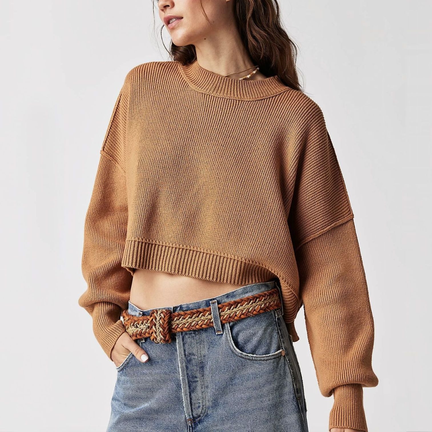 PDEP 2023 2023 Autumn/Winter New  Women's Fashion Round Neck Solid Loose Pullover Sweater crop tops knitted sweaters for women