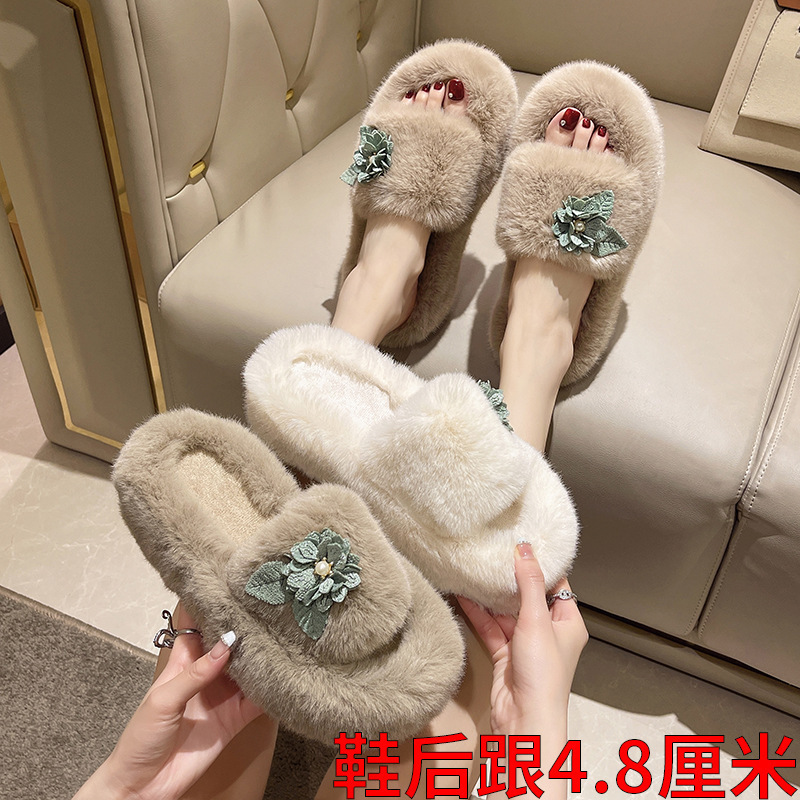 PDEP 2022 4.8cm thick platform sole 42 soft faux fur slippers cheap wholesale winter warm fuzzy bedroom slippers for women