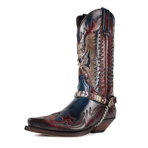 PDEP  Fashion Embroidery patchwork Faux PU leather  cowboy boots ridding non slip men  western hunting horse boots boots