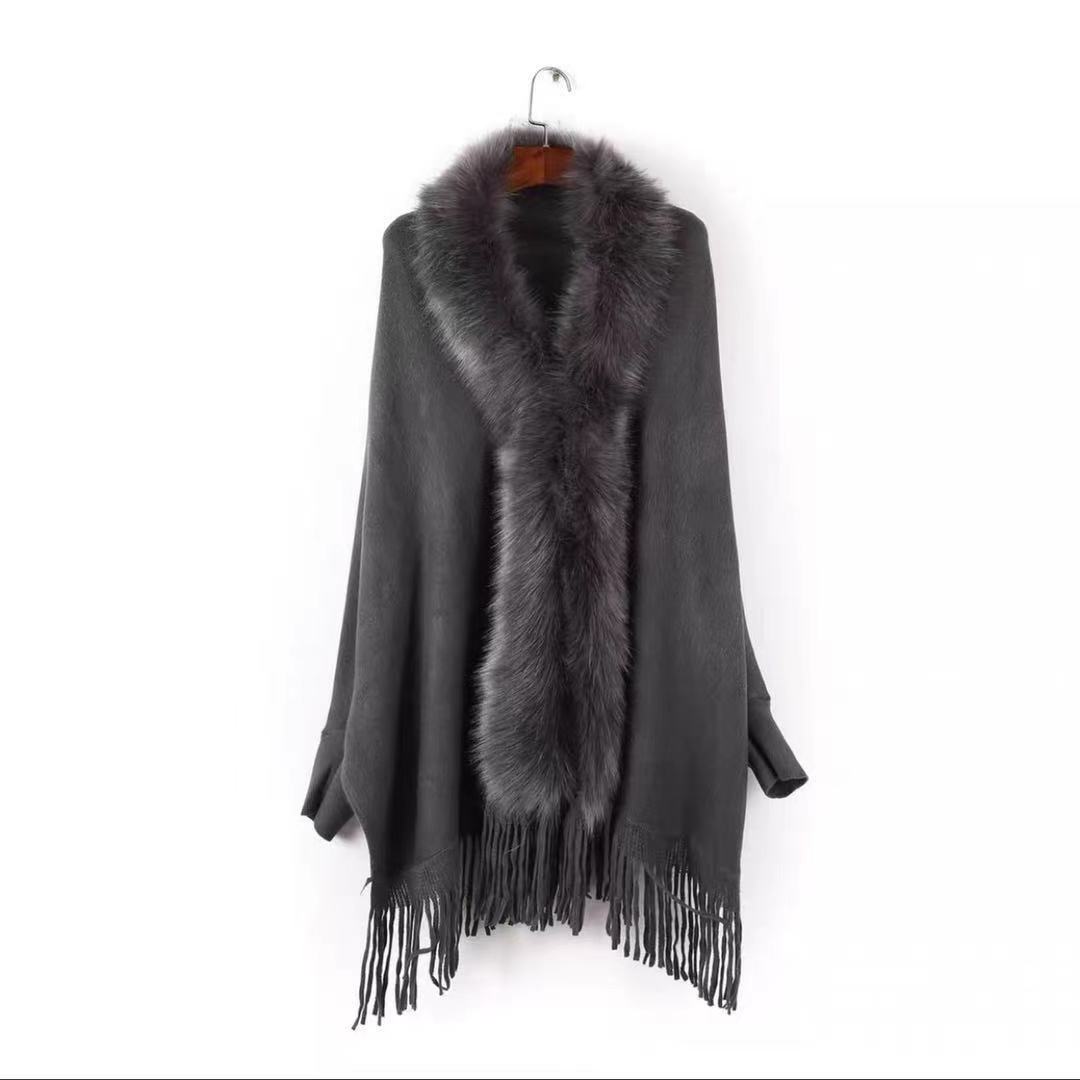 PDEP 2023  Autumn and Winter New Style Fox Fur Collar Shawl Tassel Knitted Cardigan sweater Large Coat Women