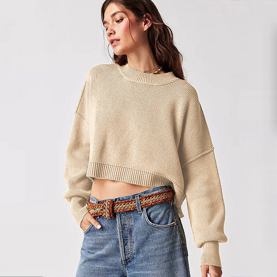 PDEP 2023 2023 Autumn/Winter New  Women's Fashion Round Neck Solid Loose Pullover Sweater crop tops knitted sweaters for women