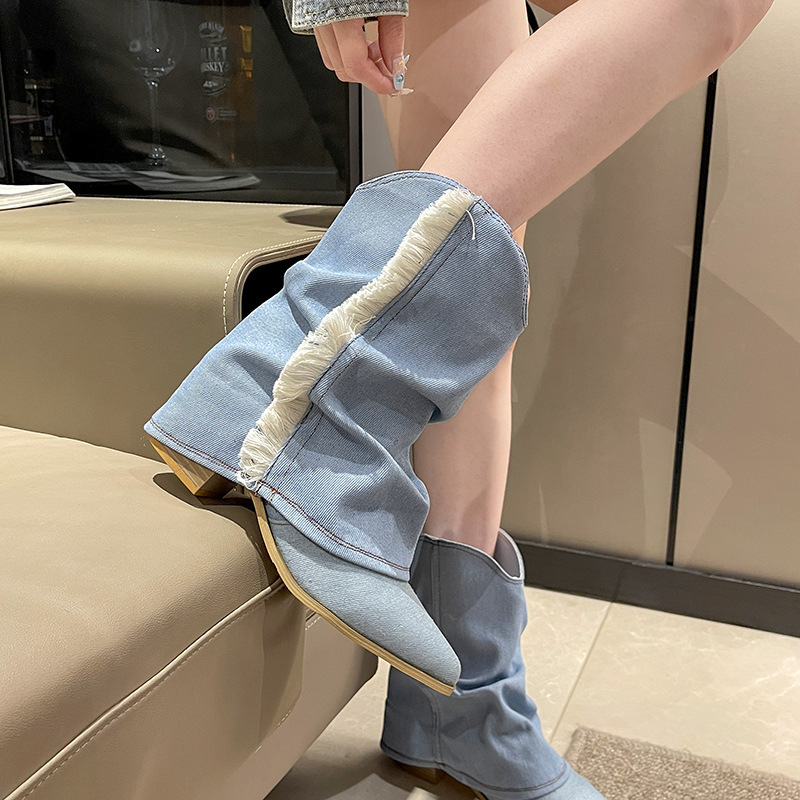 PDEP Tassel western Cowboy boot for women 2023 new pointy toe block thick heel large sleeve short  denim boots women shoes