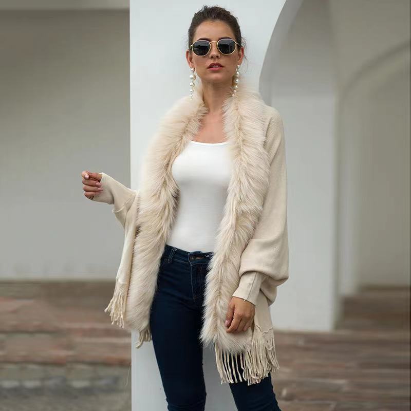 PDEP 2023  Autumn and Winter New Style Fox Fur Collar Shawl Tassel Knitted Cardigan sweater Large Coat Women